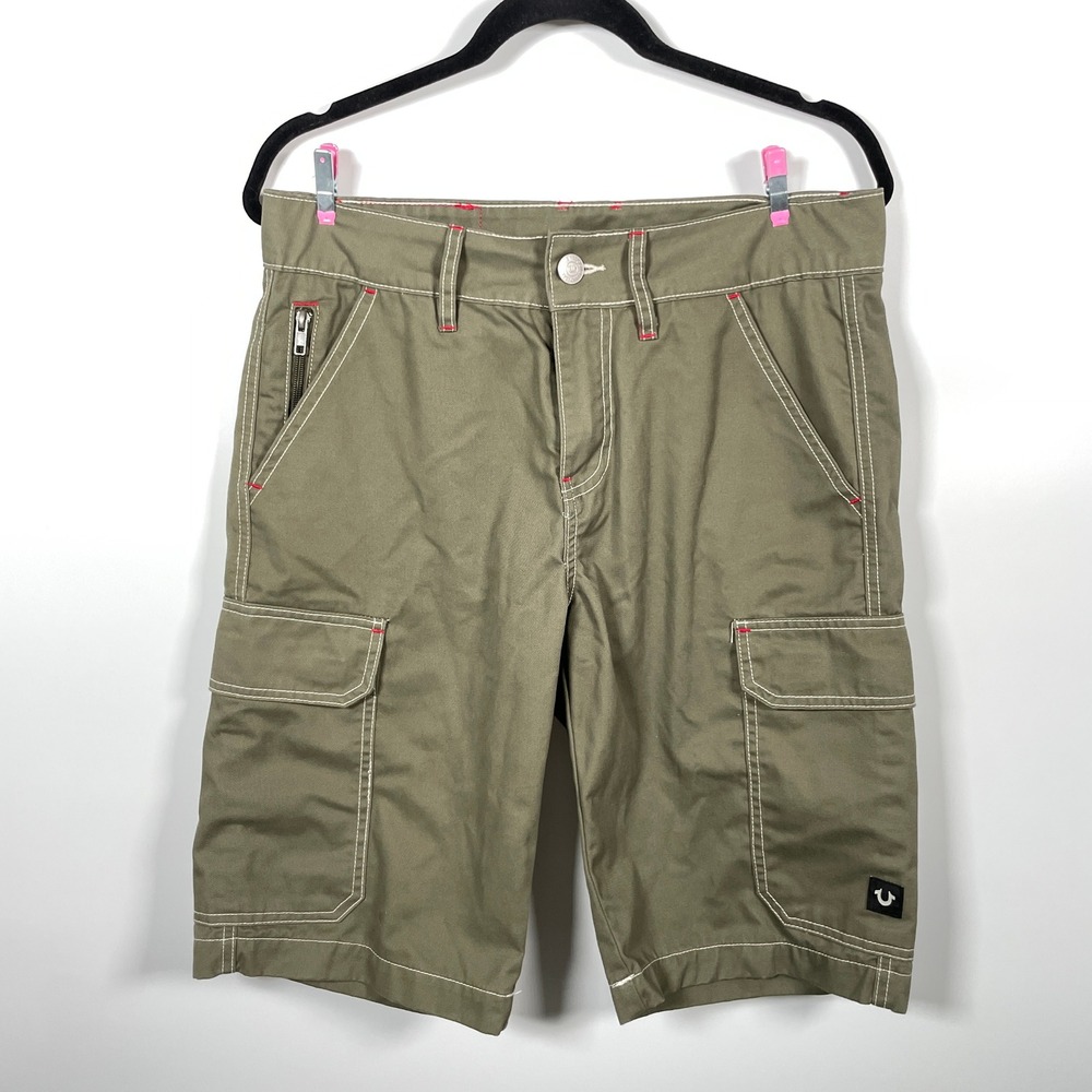 True Religion Mens Cargo Shorts Olive Green Contrast Stitch Size 30 World Tour